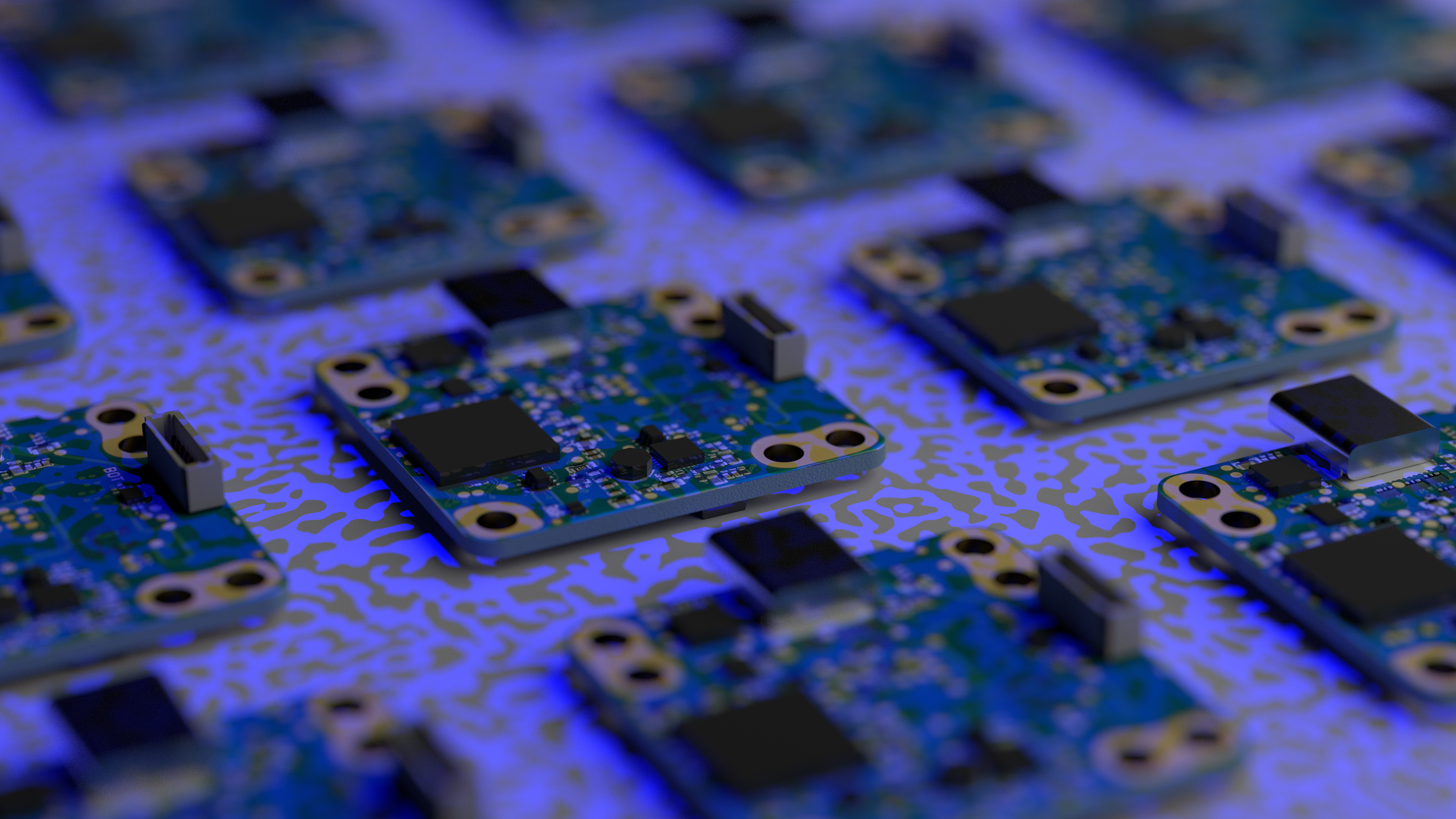 Detailed view of neighbouring electronic assemblies, fitted with SMD components