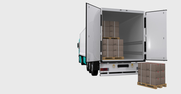 Lorry with open loading area where boxes are being loaded onto pallets.