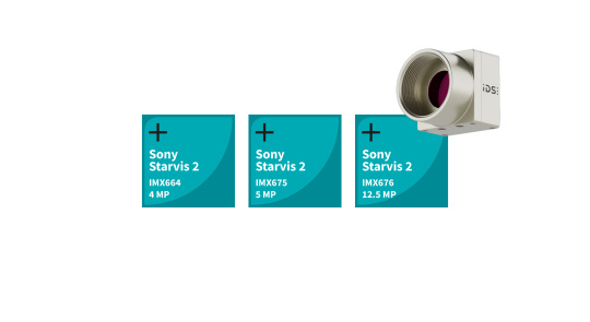 Three blue boxes with the respective sensor names and depiction of the small uEye XCP camera